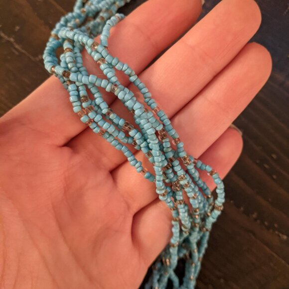 Long Turquoise Multi Strand Seed Bead Necklace Boho Waterfall Style Beaded Blue - Picture 4 of 4
